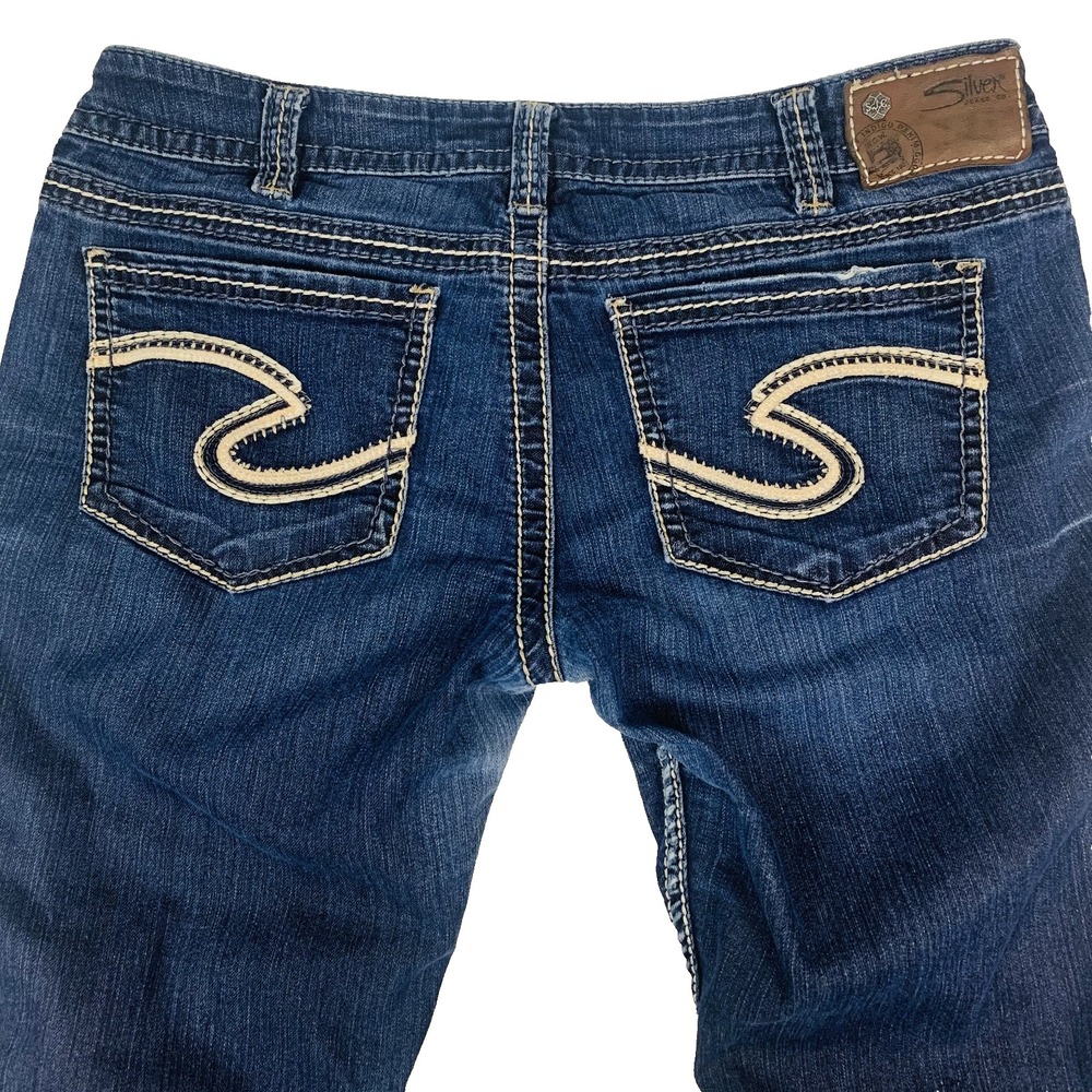 Silver Jeans Womens W30/L33 Blue Distressed Mid Rise Frances 18" Bootcut Stretch